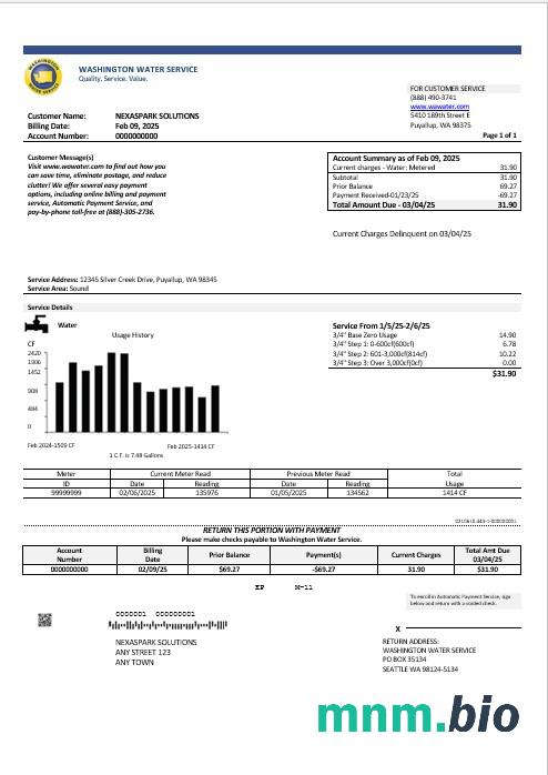 USA Washington Water Service rachunek za usługi komunalne szablon w formacie Word i PDF